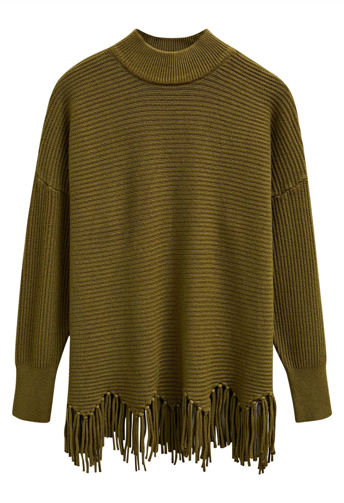 Asymmetric Fringe Hem Drop Shoulder Knit Sweater in Olive