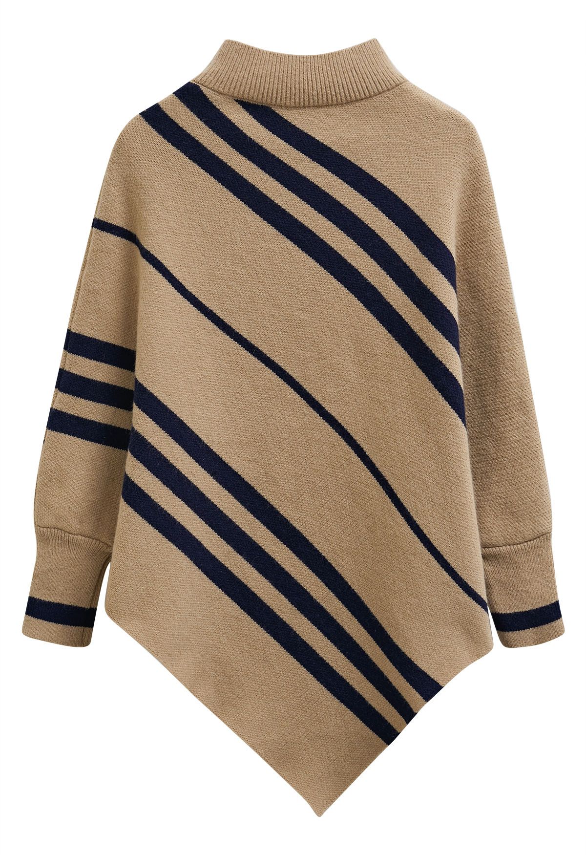 Diagonal Stripe Mock Neck Asymmetric Poncho