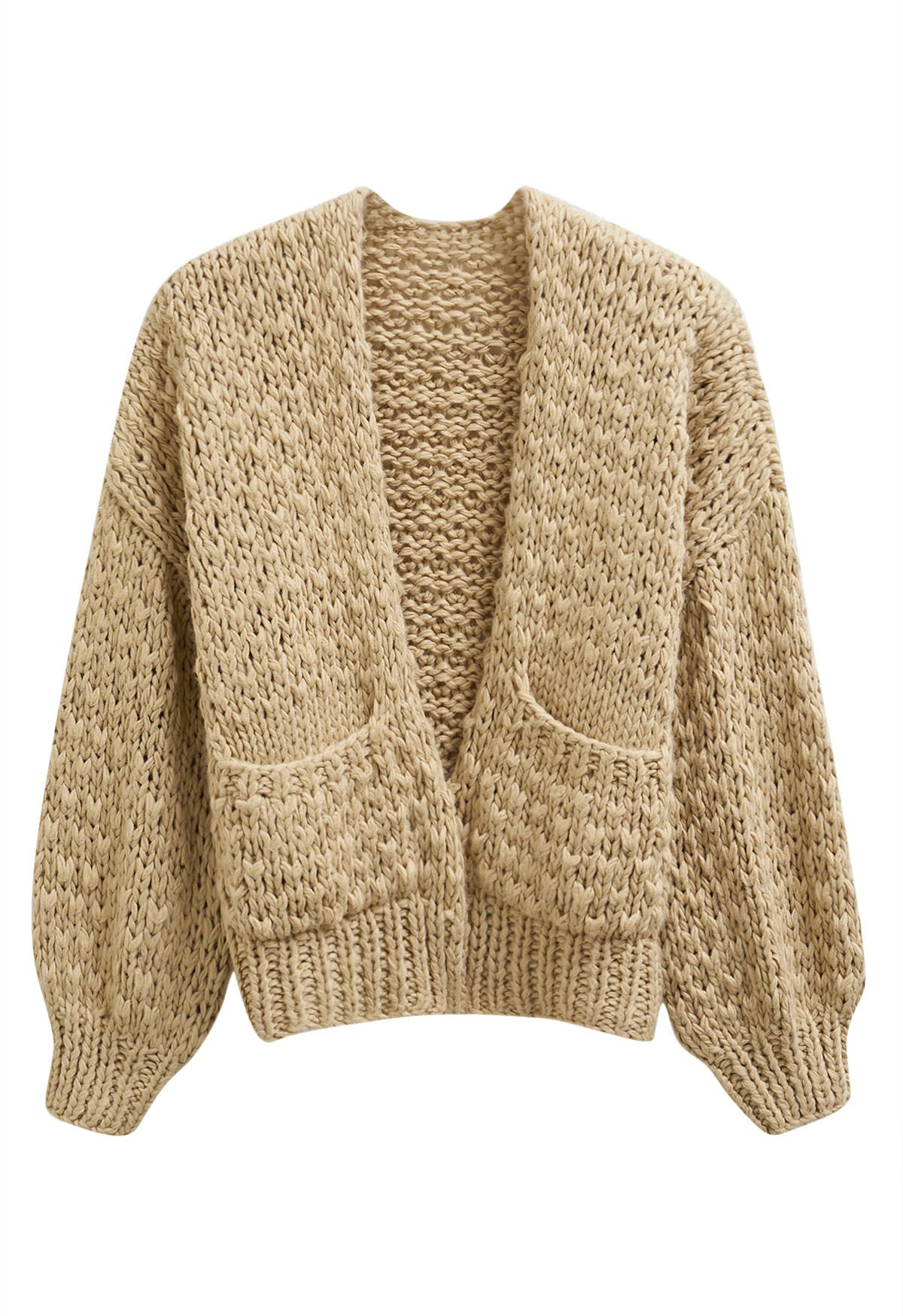 Chunky Hand Knit Patch Pocket Open Front Cardigan in Light Tan