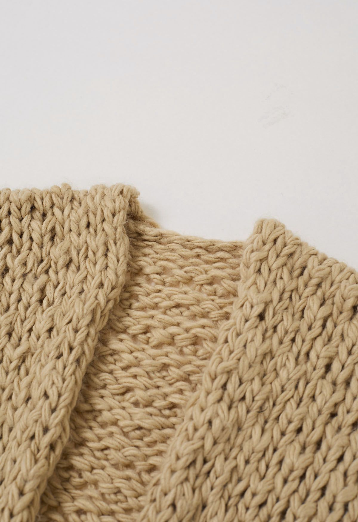 Chunky Hand Knit Patch Pocket Open Front Cardigan in Light Tan