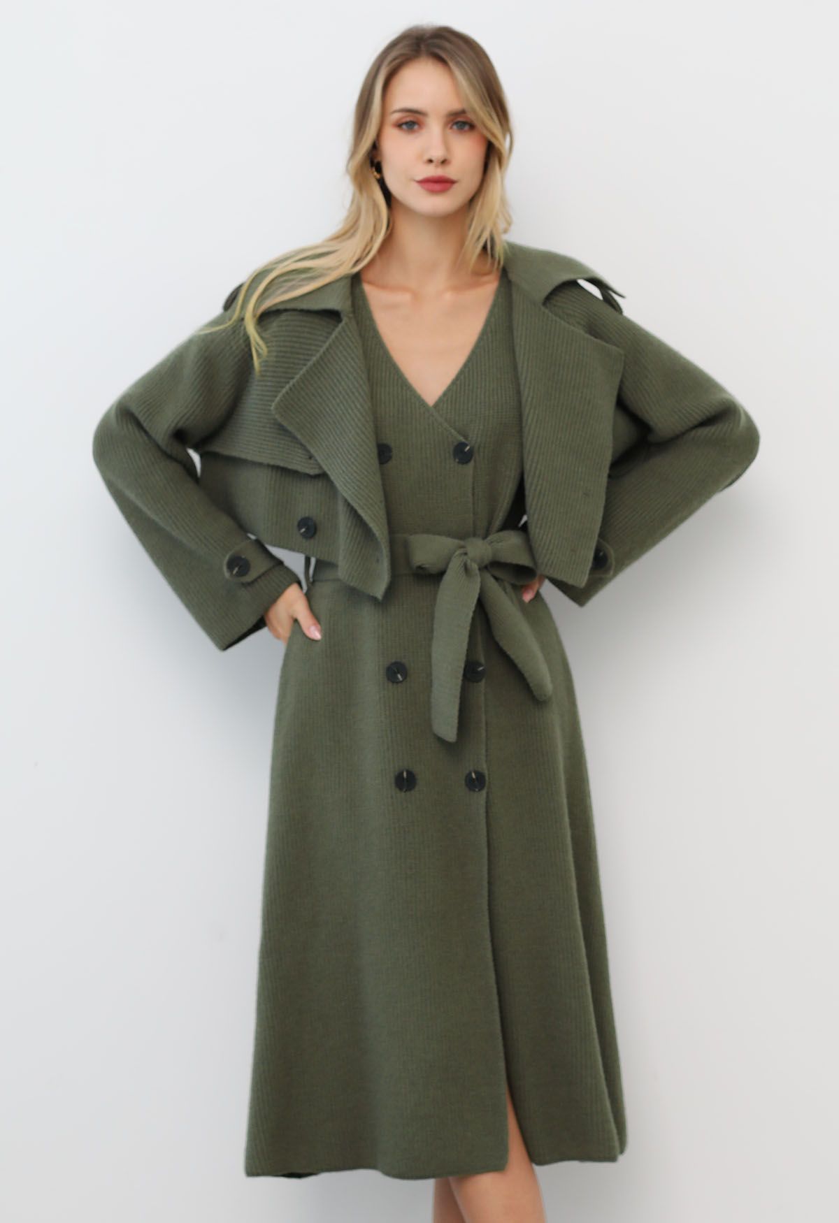 Double-Breasted Sleeveless Knit Dress and Cardigan Set in Army Green