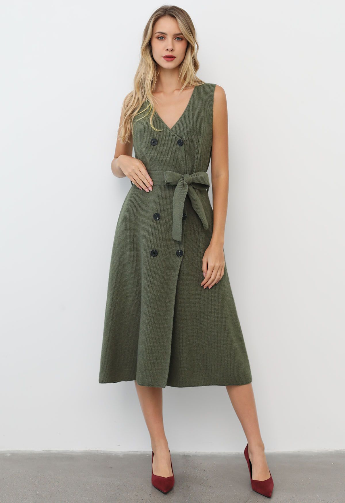 Double-Breasted Sleeveless Knit Dress and Cardigan Set in Army Green