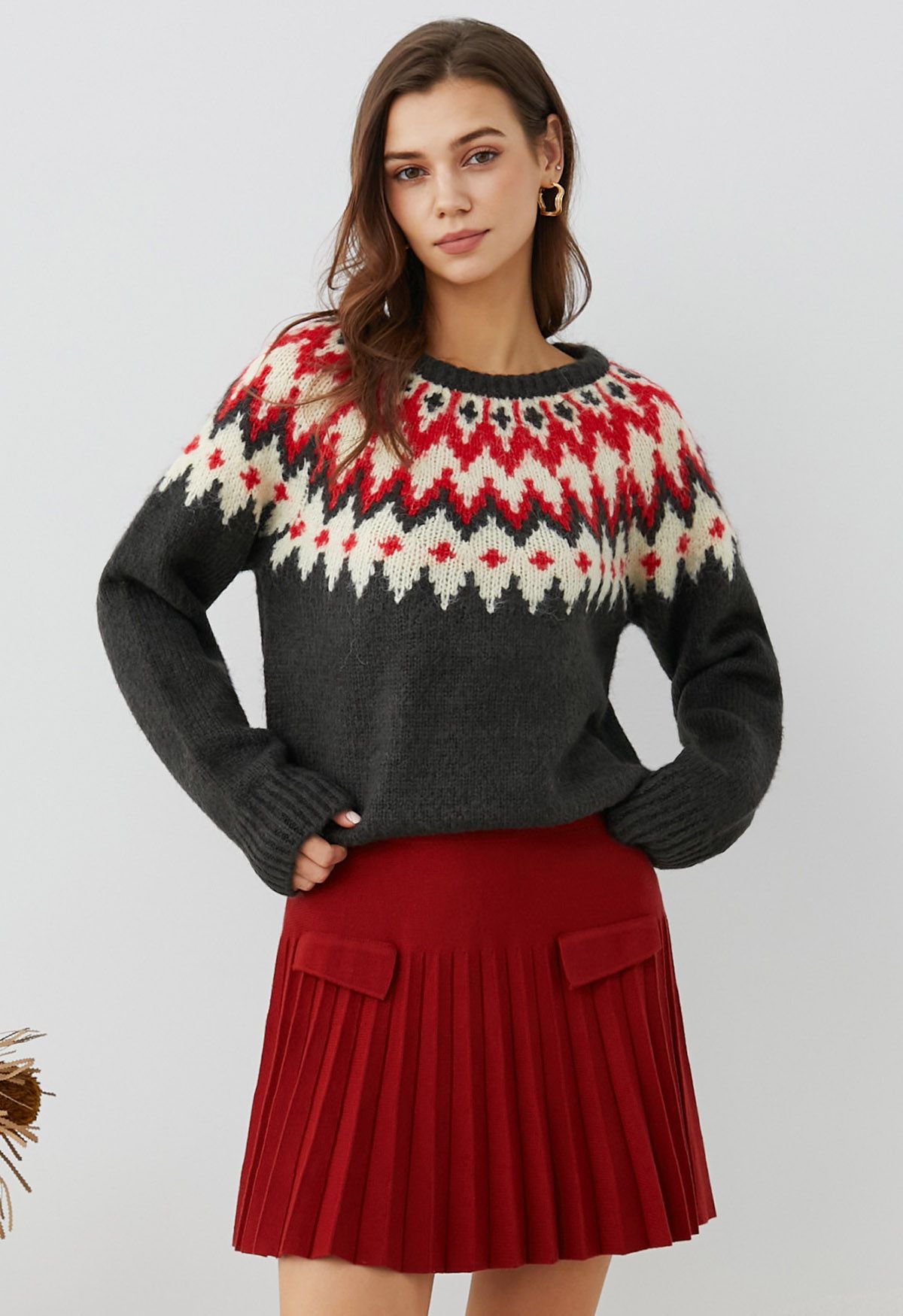 Winter Whimsy Fair Isle Ribbed Knit Sweater in Smoke