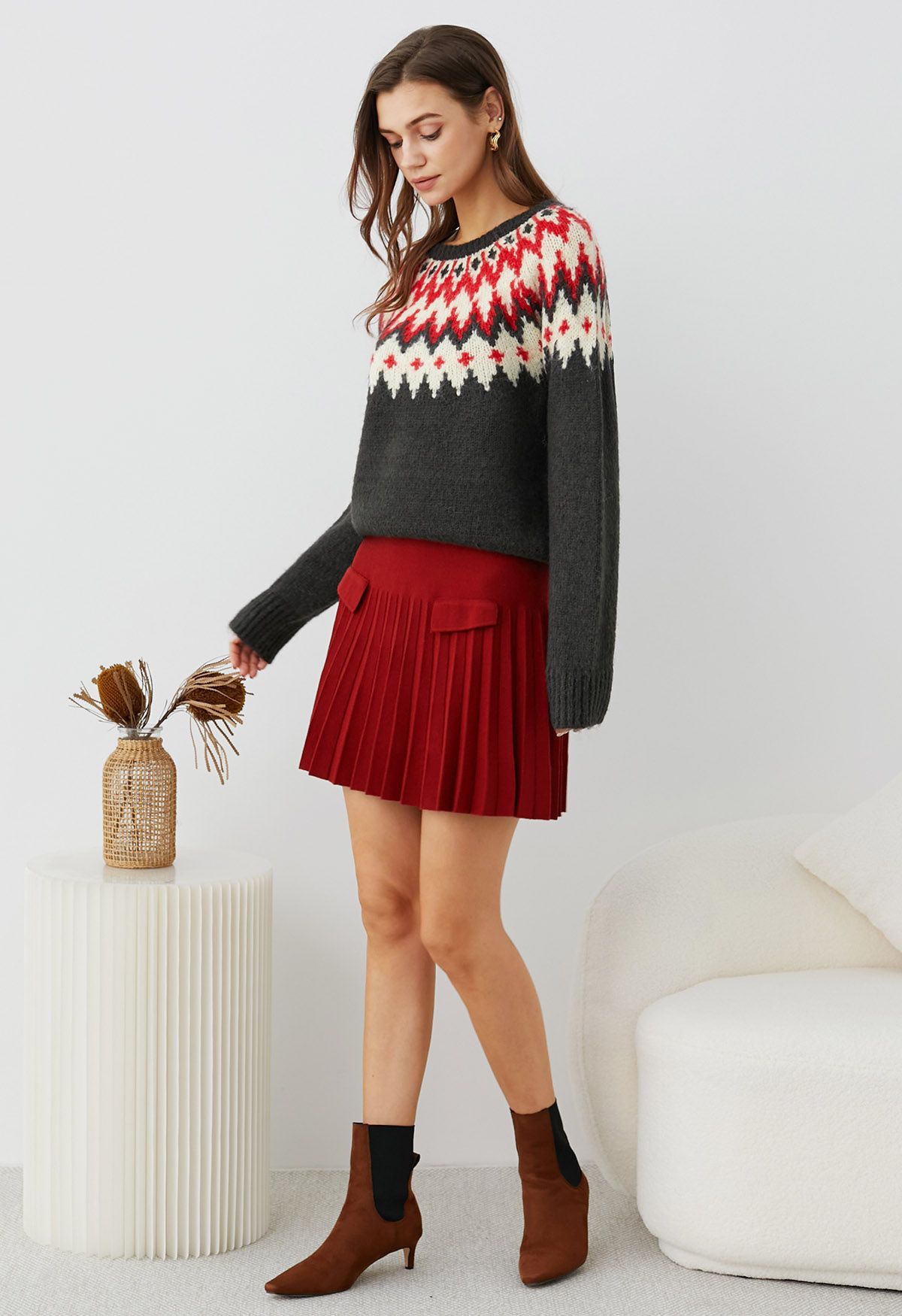 Winter Whimsy Fair Isle Ribbed Knit Sweater in Smoke