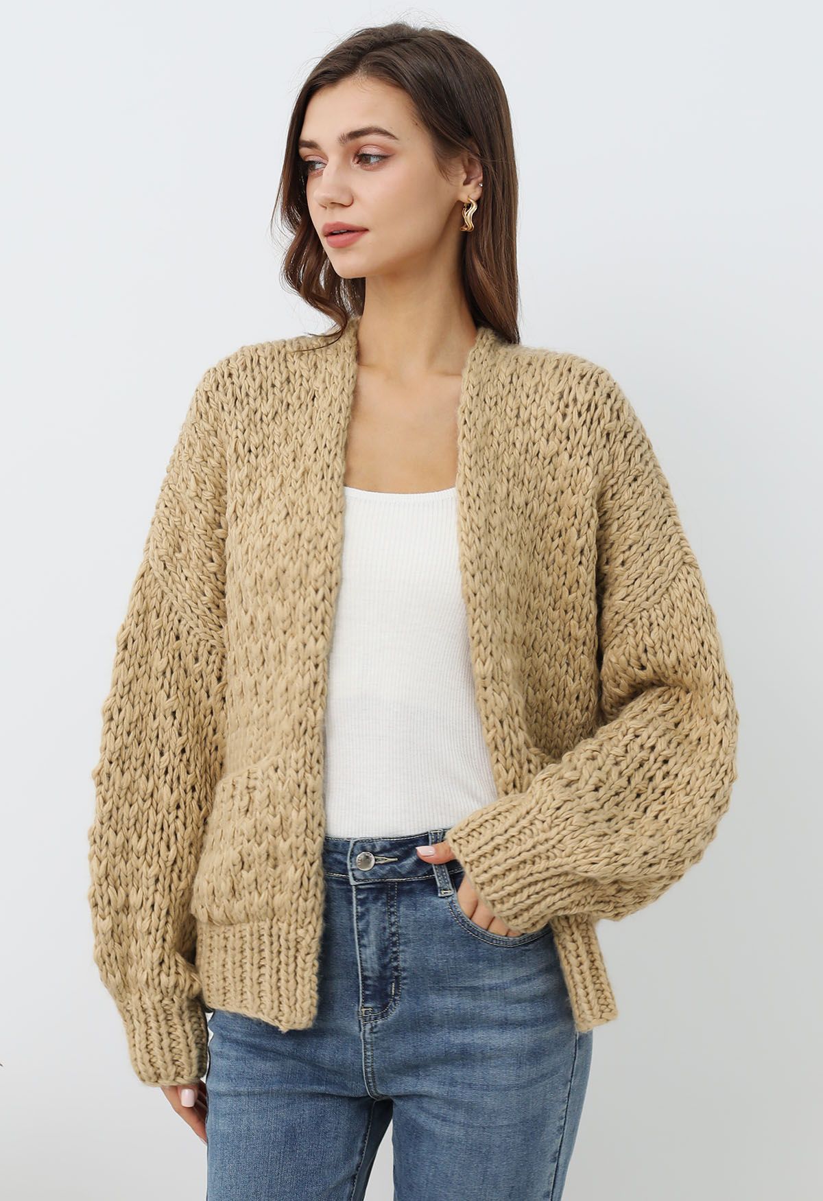 Chunky Hand Knit Patch Pocket Open Front Cardigan in Light Tan