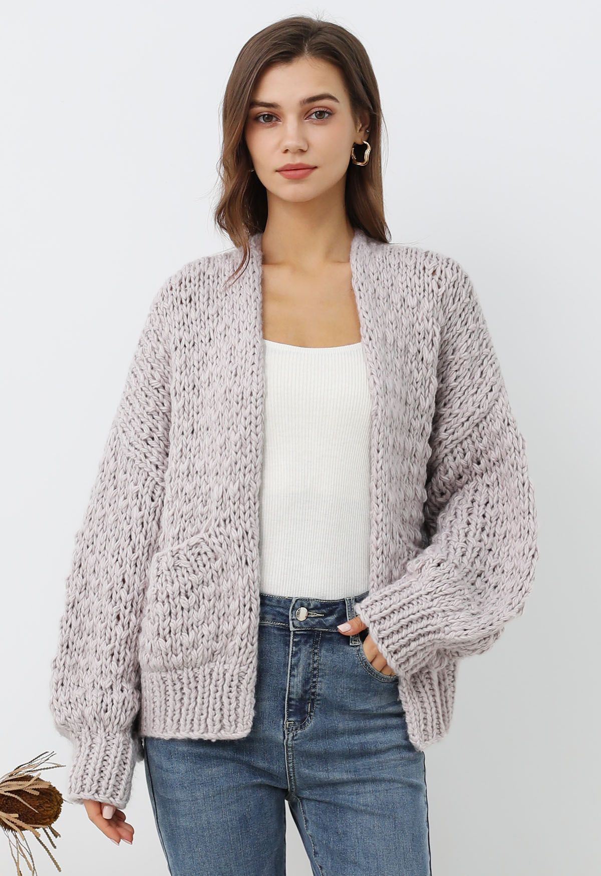 Chunky Hand Knit Patch Pocket Open Front Cardigan in Lilac