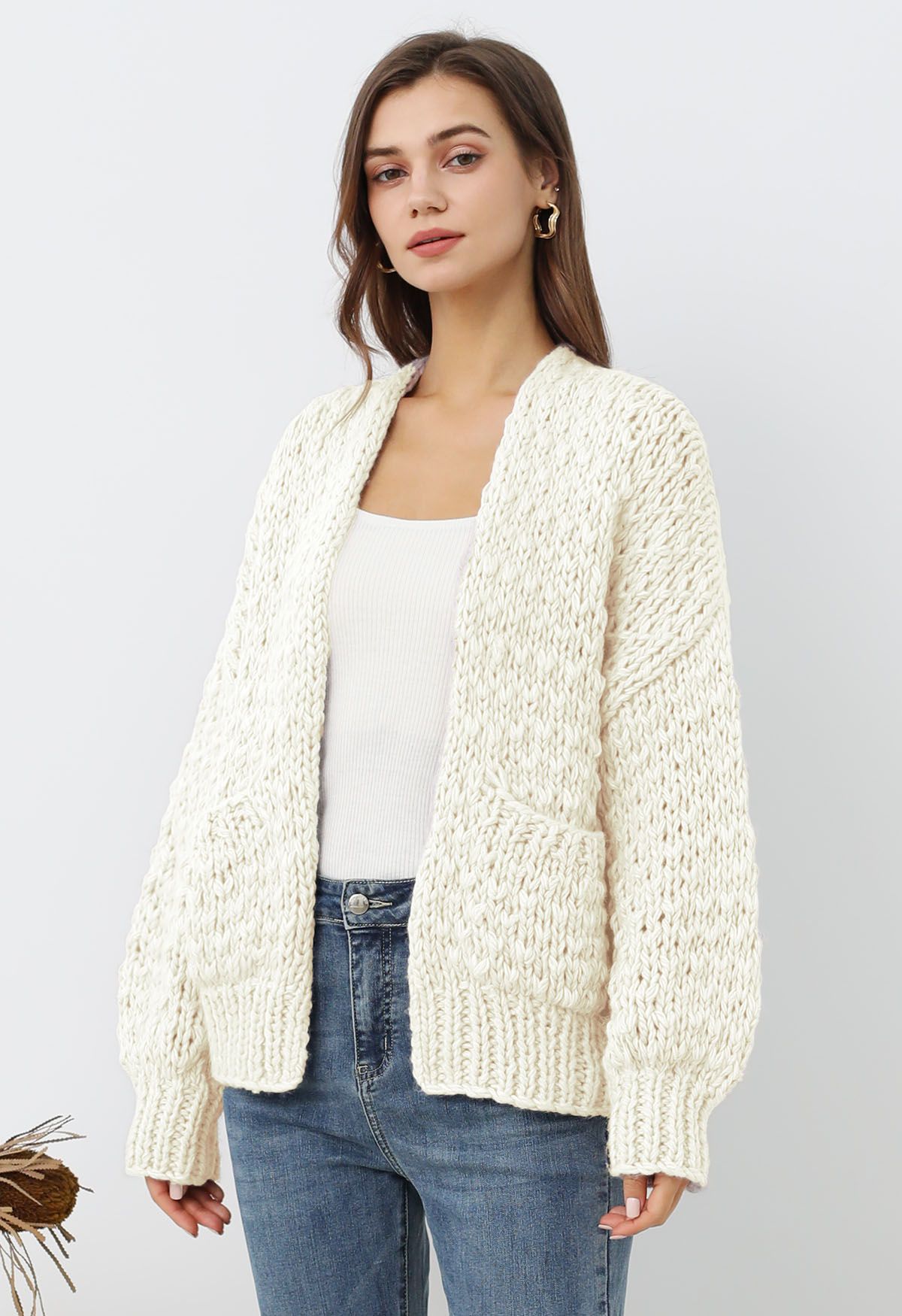 Chunky Hand Knit Patch Pocket Open Front Cardigan in White