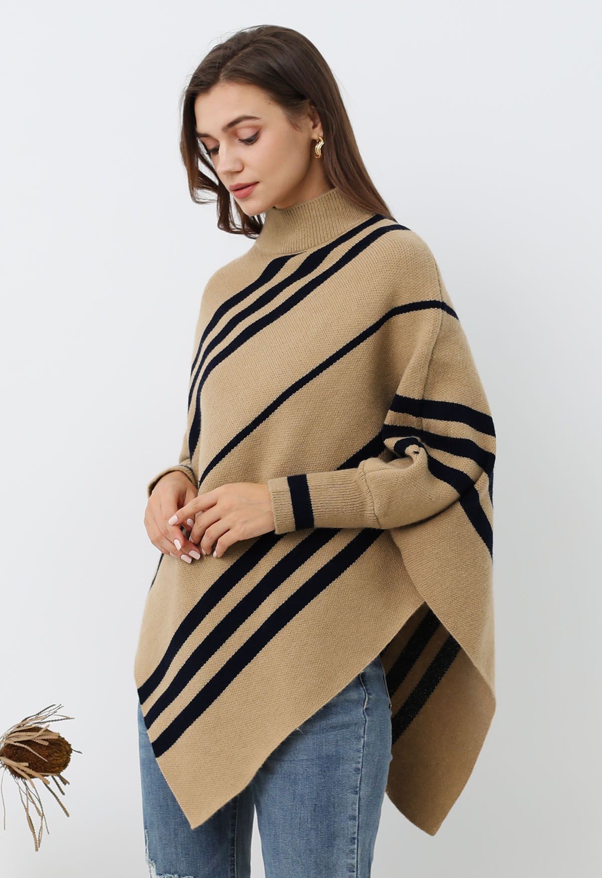 Diagonal Stripe Mock Neck Asymmetric Poncho