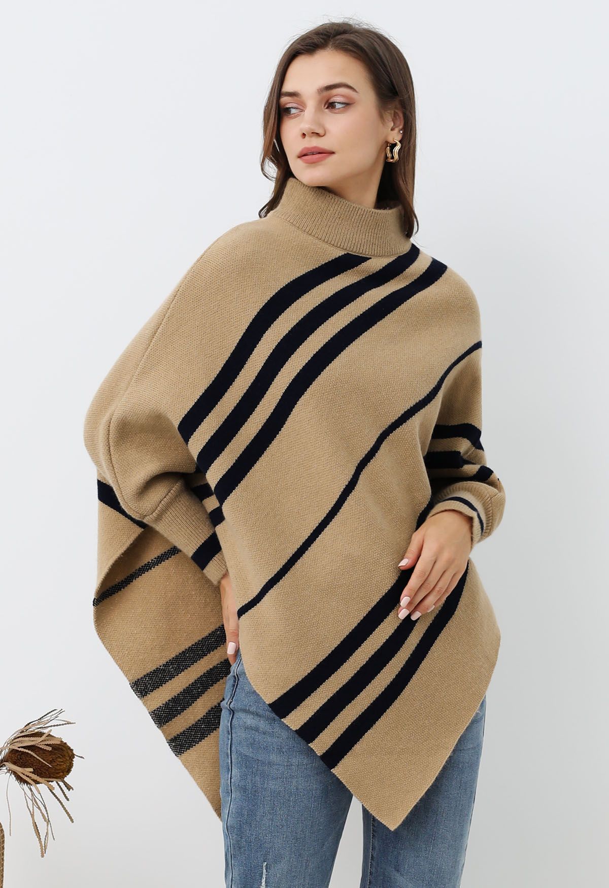 Diagonal Stripe Mock Neck Asymmetric Poncho