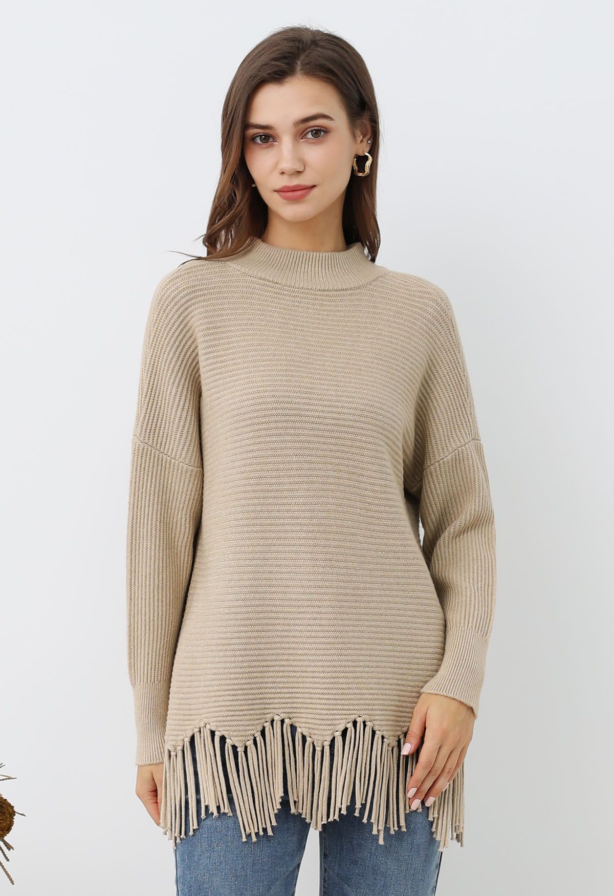 Asymmetric Fringe Hem Drop Shoulder Knit Sweater in Light Tan