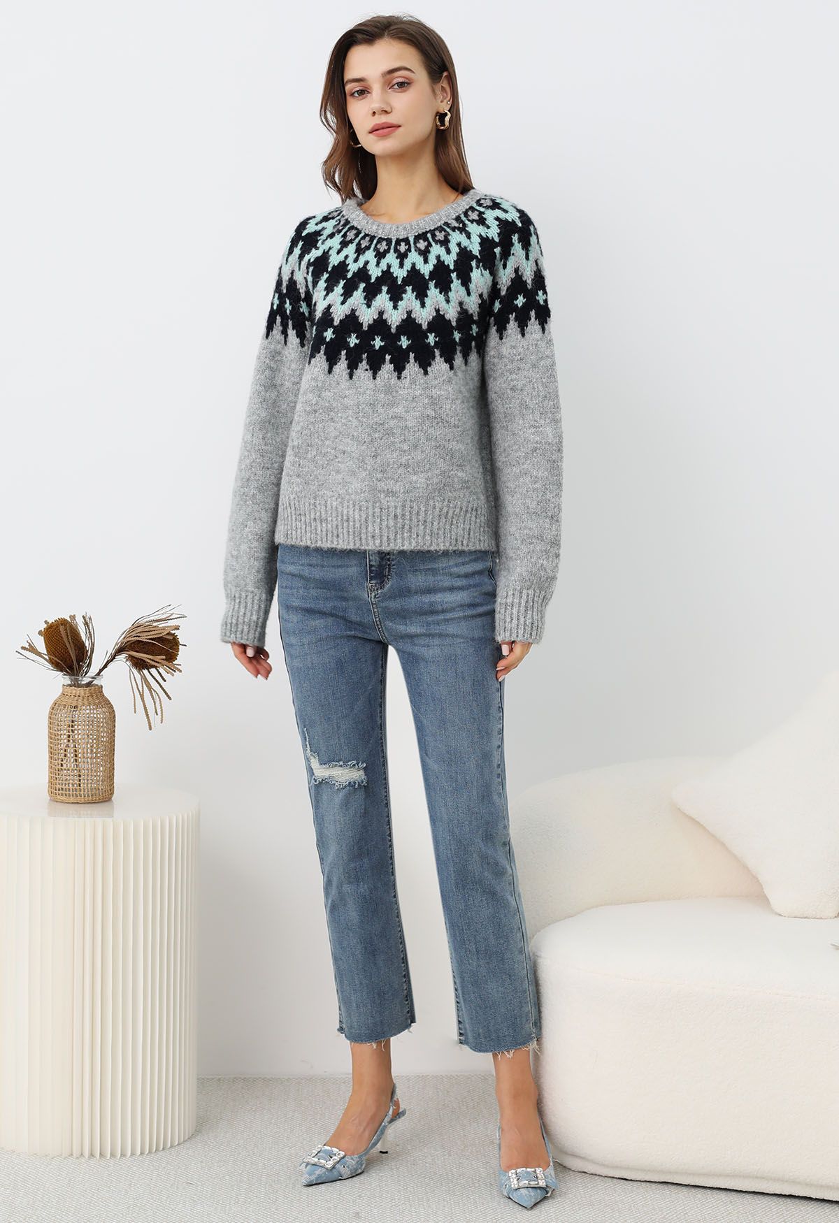 Winter Whimsy Fair Isle Ribbed Knit Sweater in Grey