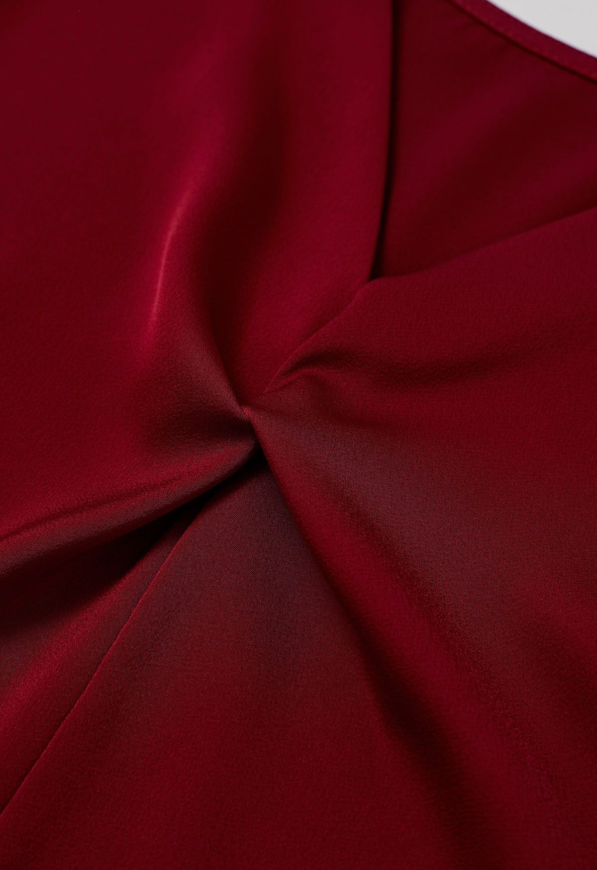 Ribbon V-Neckline Twist Detail Satin Top in Red