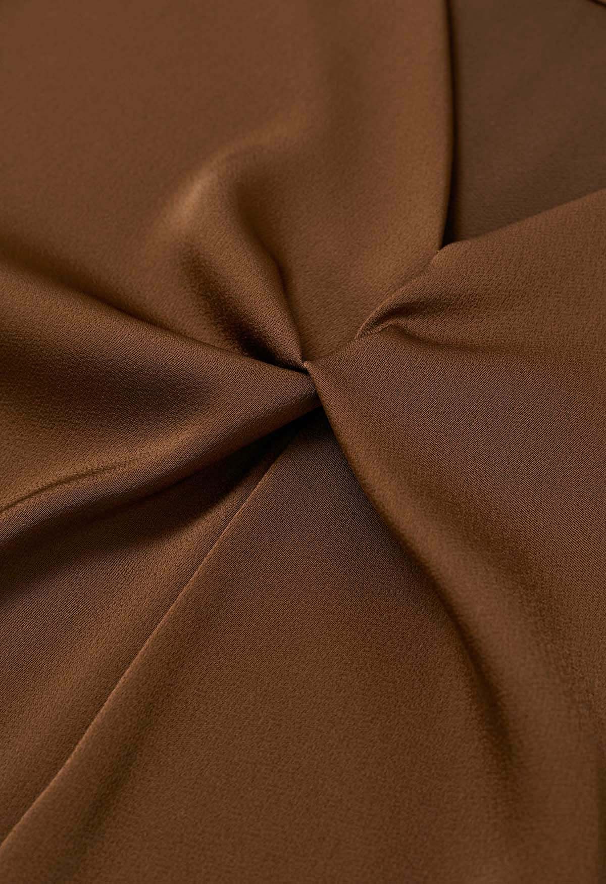 Ribbon V-Neckline Twist Detail Satin Top in Brown