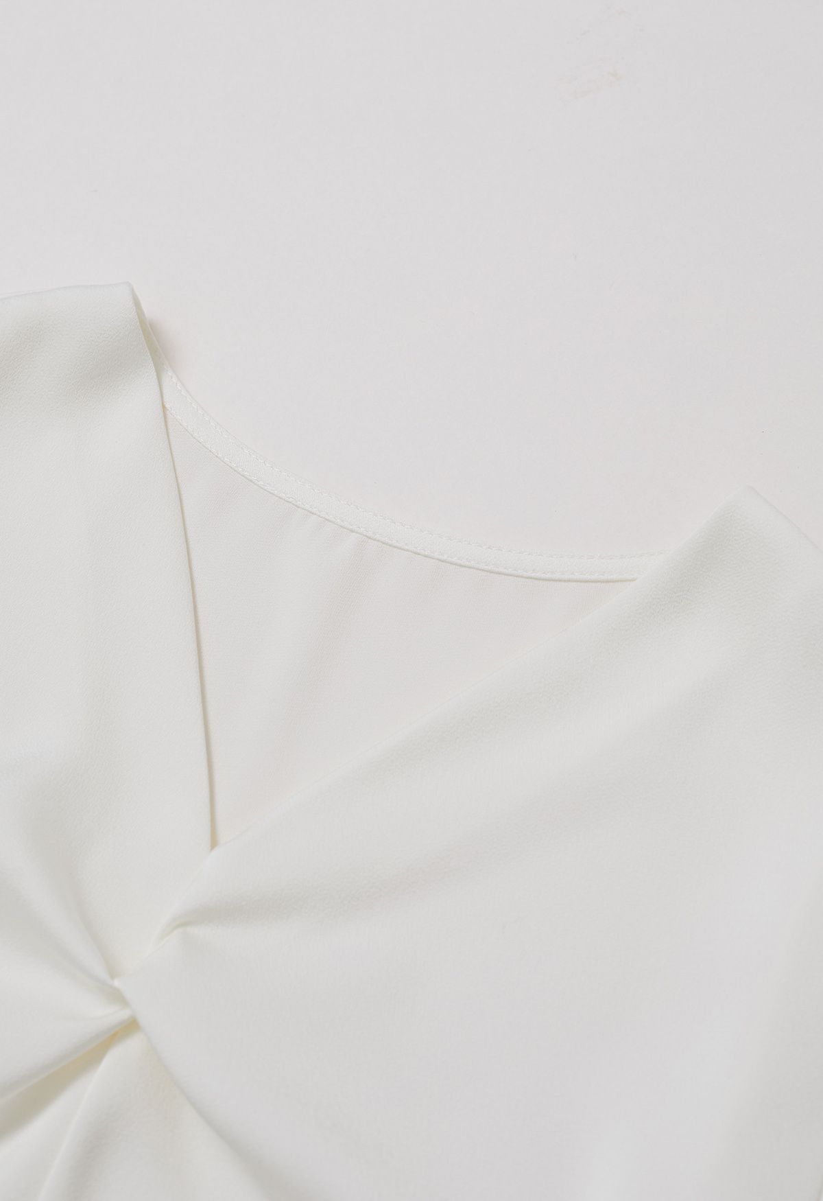 Ribbon V-Neckline Twist Detail Satin Top in Cream