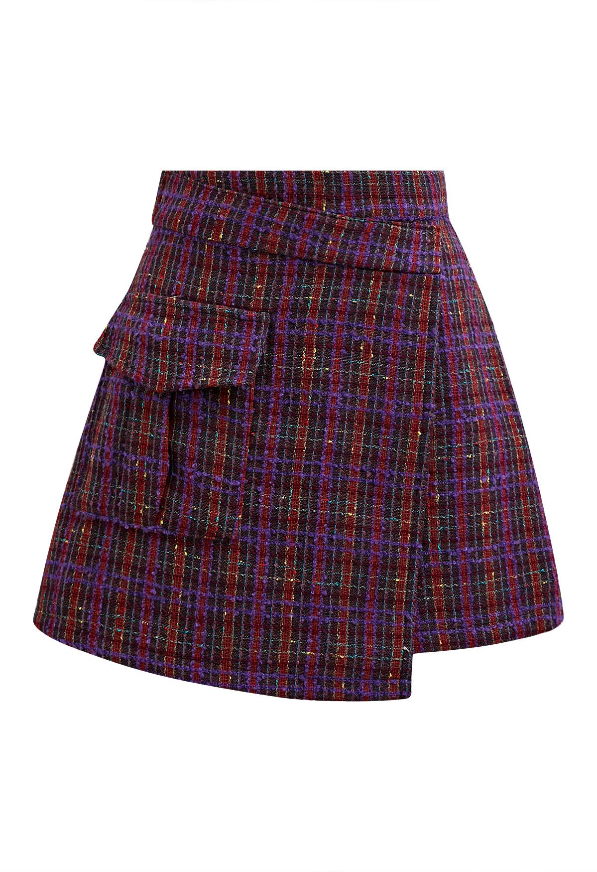 Plaid Tweed Asymmetric Mini Skirt in Purple