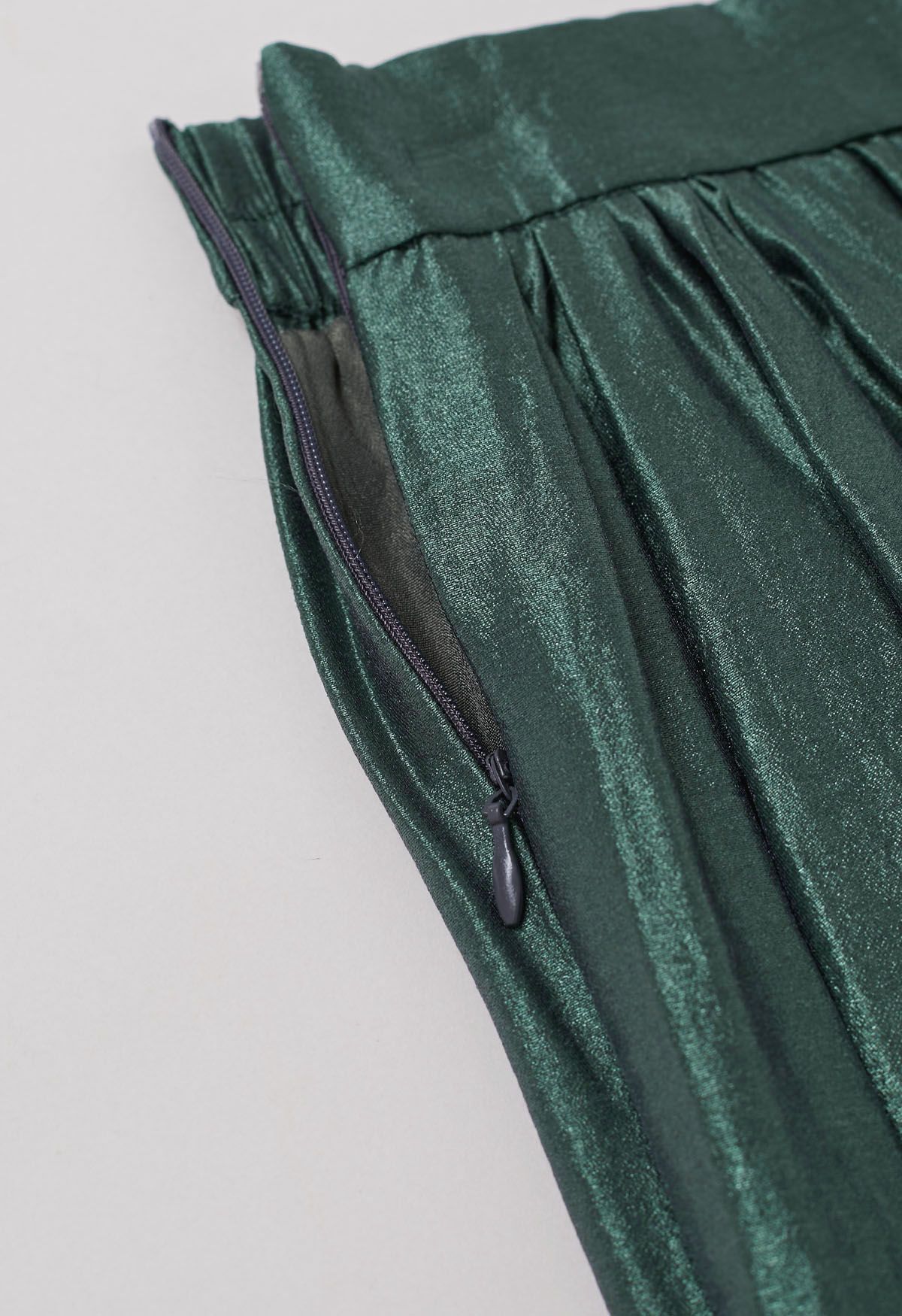 Glossy Emerald Pleated Midi Skirt