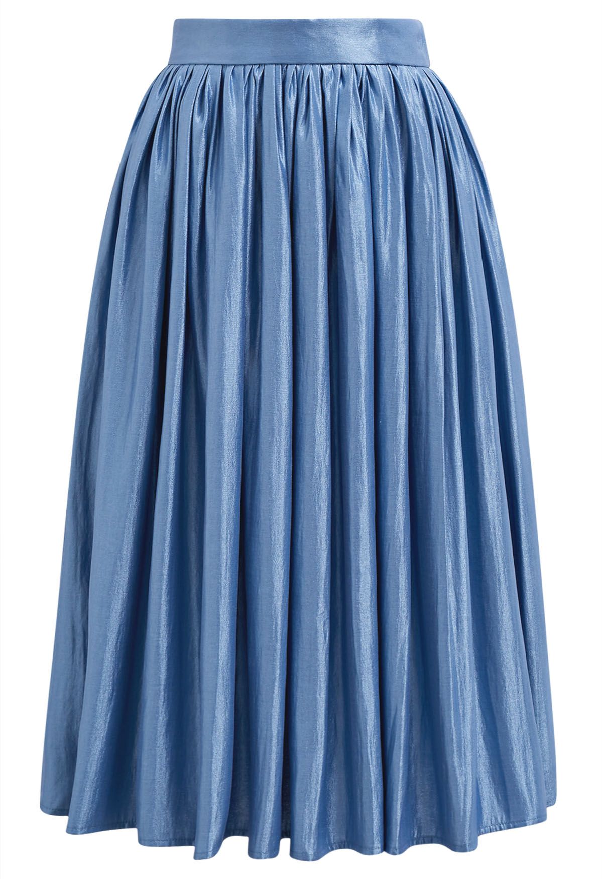 Glossy Blue Pleated Midi Skirt