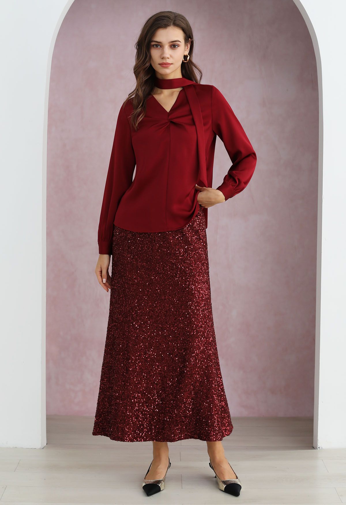 Full Sequin Mermaid Maxi Skirt in Red