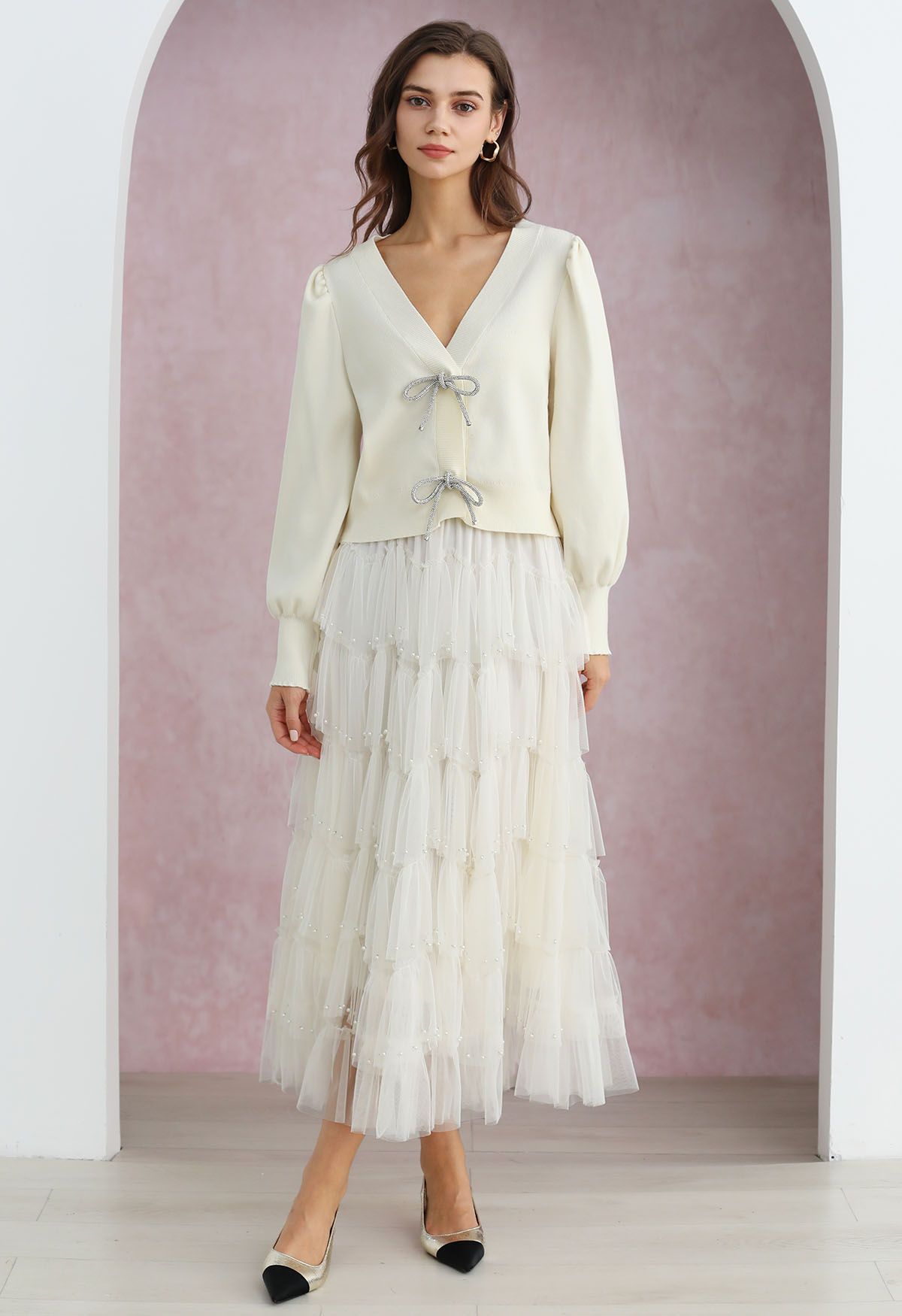 Ethereal Tiered Pearl Tulle Maxi Skirt in White