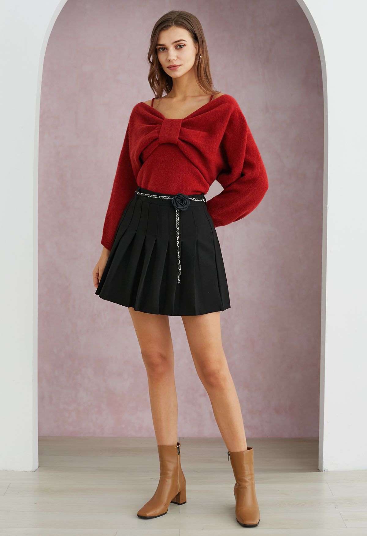 Mesmerizing Bowknot Cami Top and Sweater Set in Red