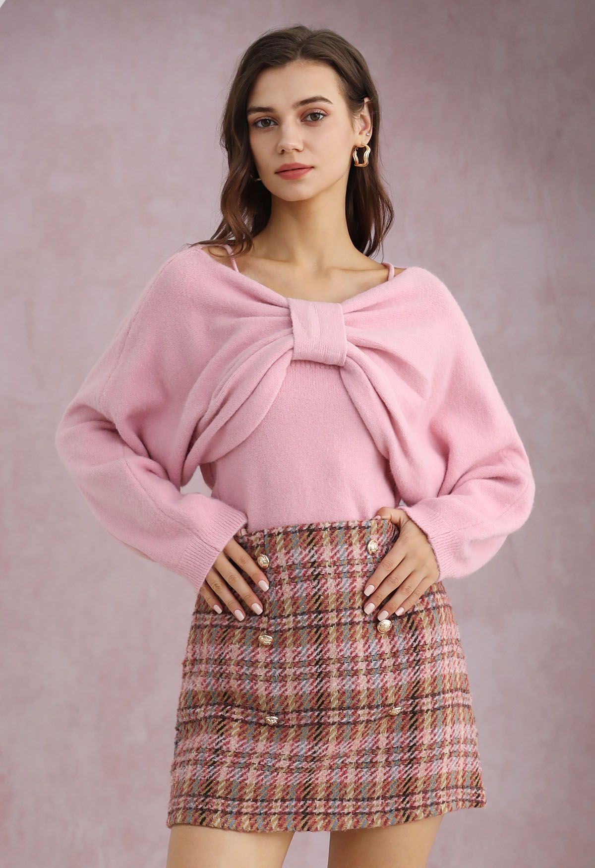 Mesmerizing Bowknot Cami Top and Sweater Set in Pink