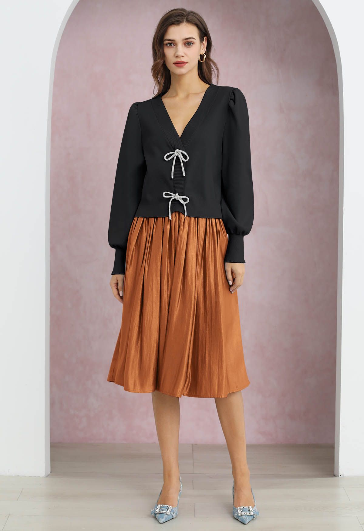 Glossy Orange Pleated Midi Skirt