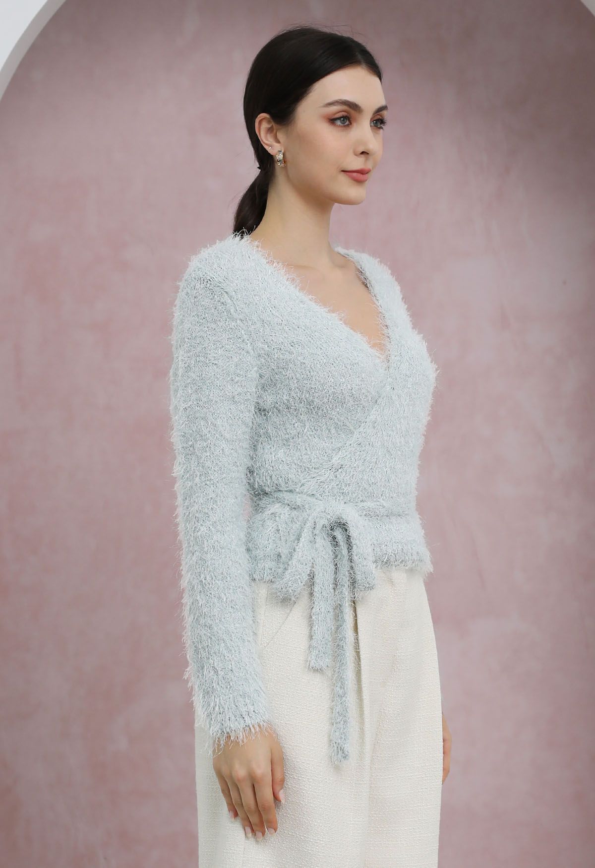 Wrap V-Neck Tie-Waist Fuzzy Knit Top in Light Blue