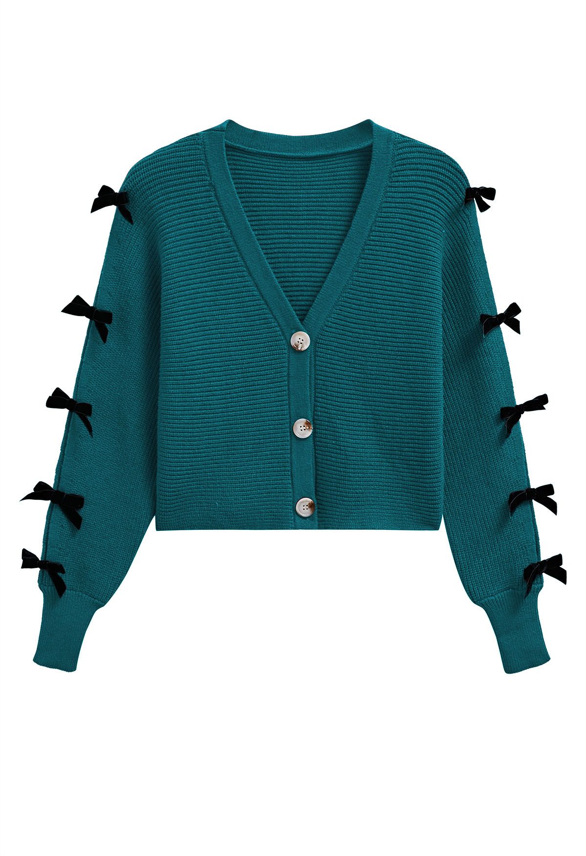 Bowknot Split Sleeve Button Down Cropped Cardigan in Teal