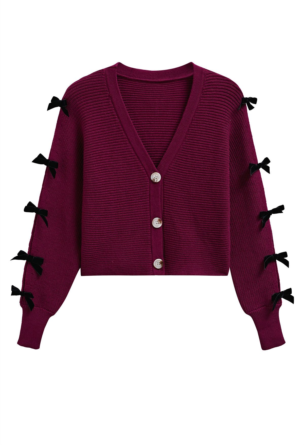 Bowknot Split Sleeve Button Down Cropped Cardigan in Berry