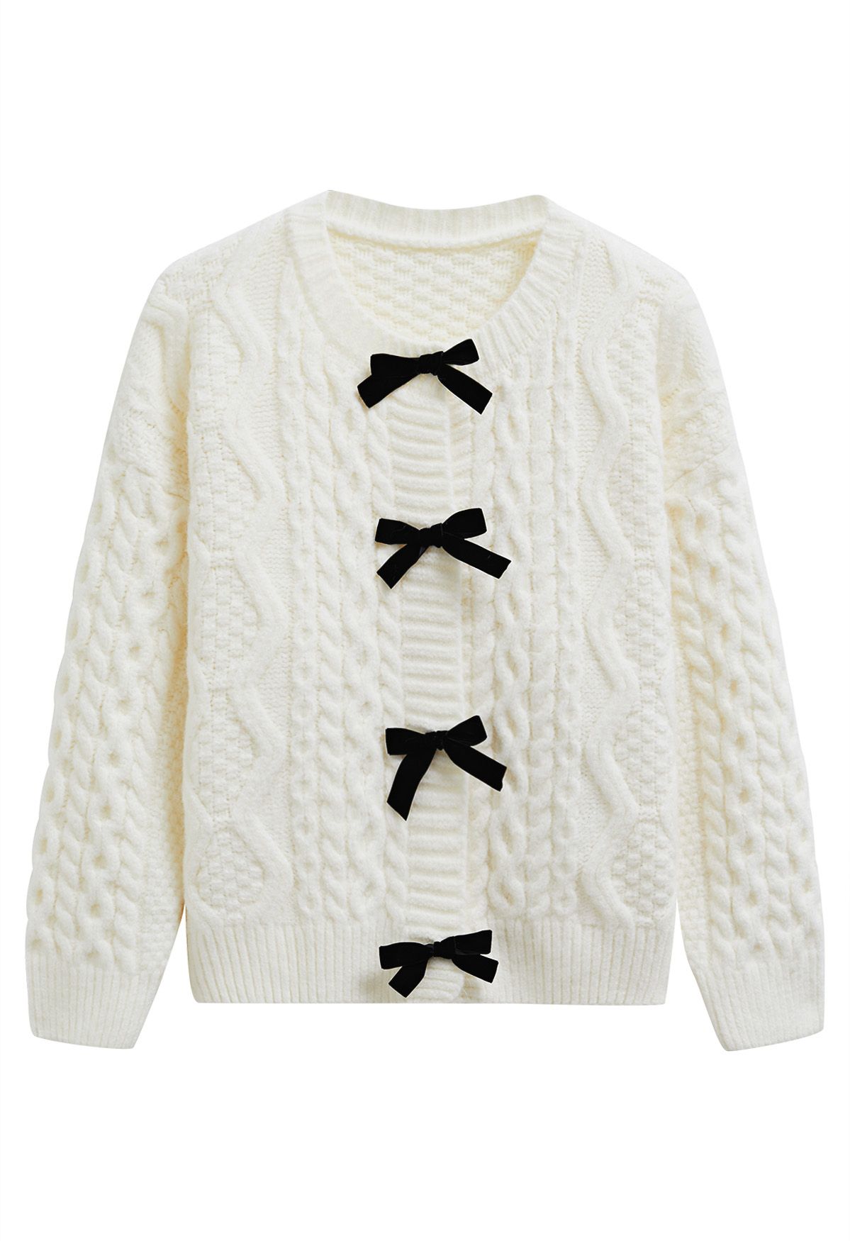 Bowknot Snap Button Braid Knit Cardigan in White