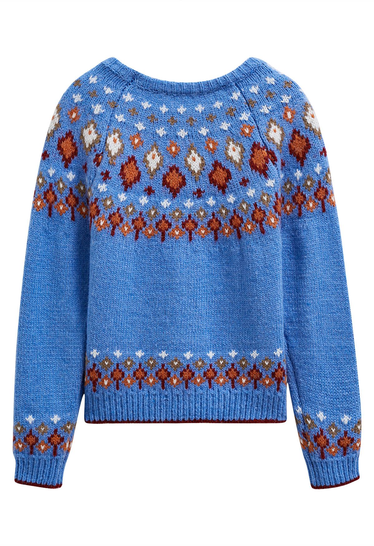 Snowflake Wonderland Fair Isle Knit Sweater in Blue