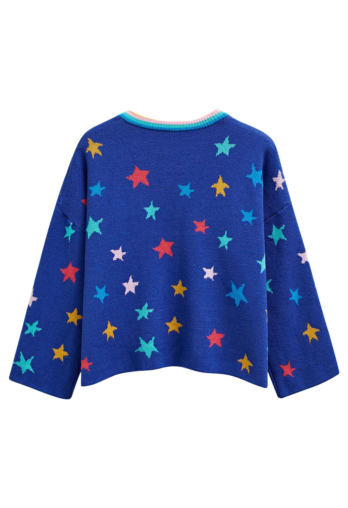 Cosmic Charm Star Bell Sleeve Knit Sweater in Royal Blue