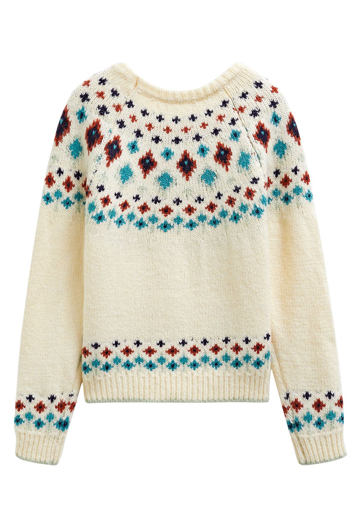 Snowflake Wonderland Fair Isle Knit Sweater in Cream