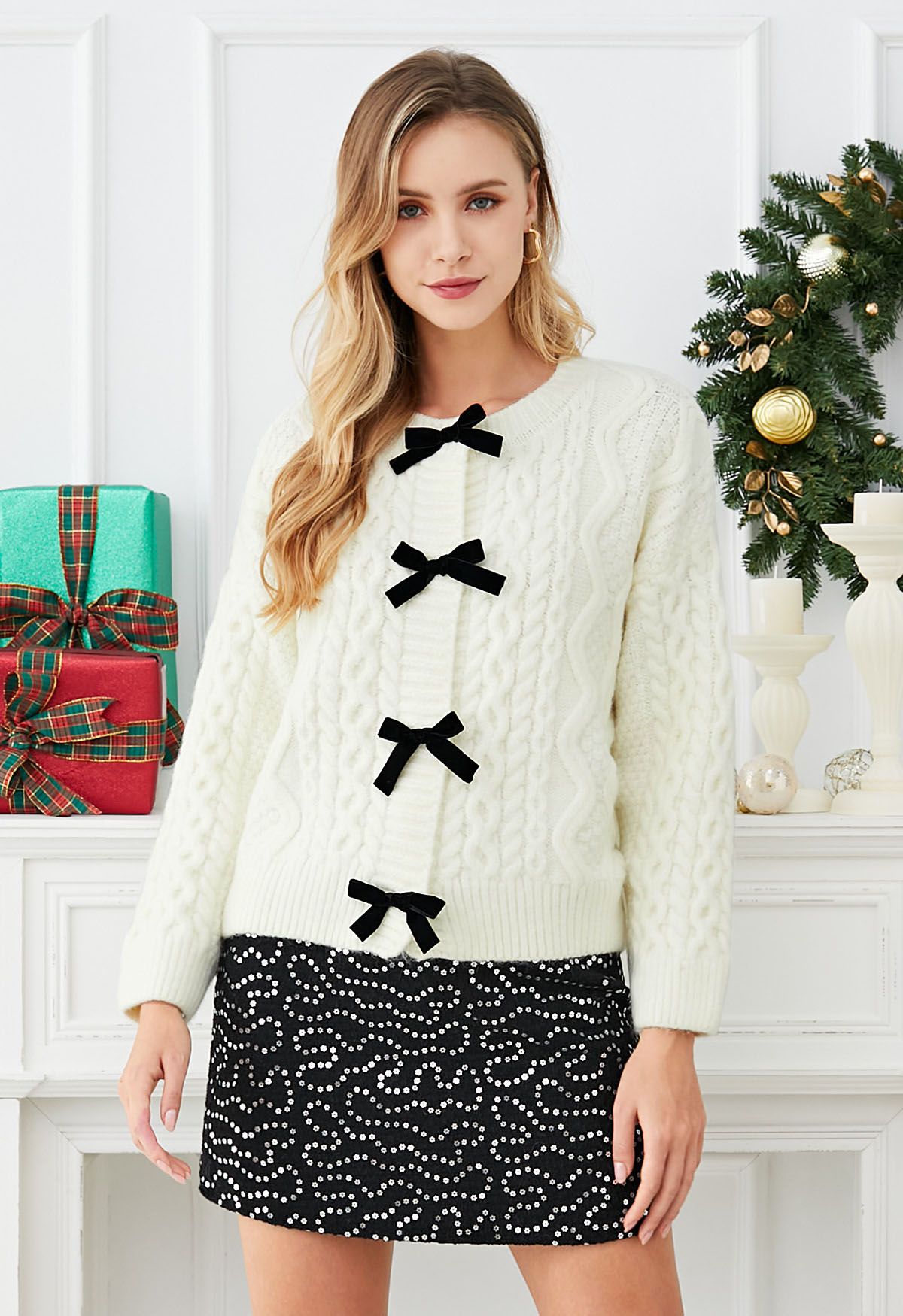 Bowknot Snap Button Braid Knit Cardigan in White