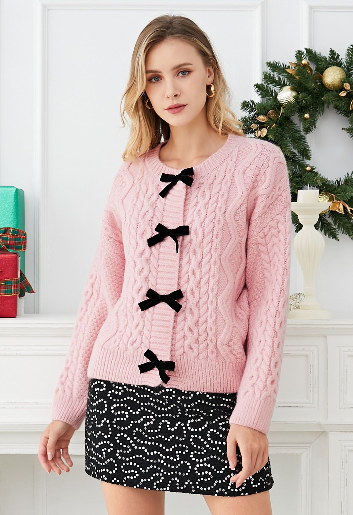 Bowknot Snap Button Braid Knit Cardigan in Pink