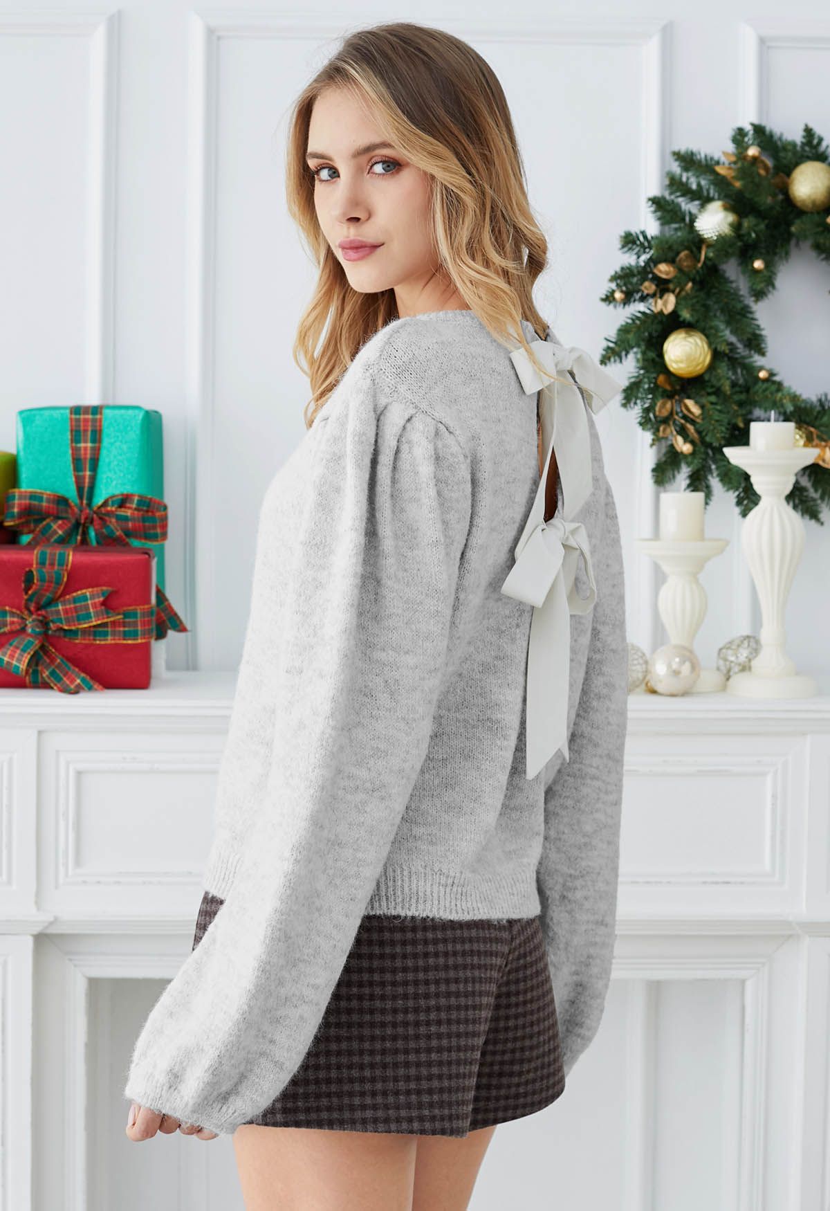 Bowknot Back Puff Sleeve Knit Sweater in Grey