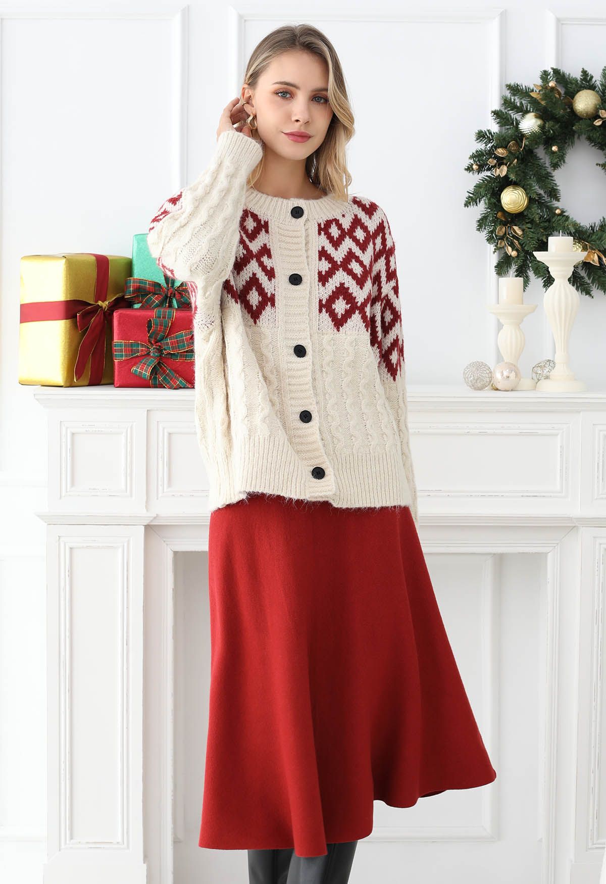 Solid Color A-Line Knit Midi Skirt in Red