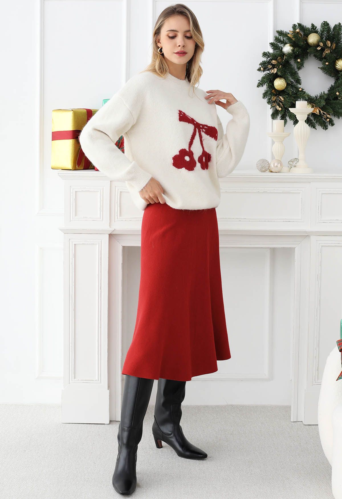 Delightful Cherry Bowknot Dropped Shoulder Knit Sweater