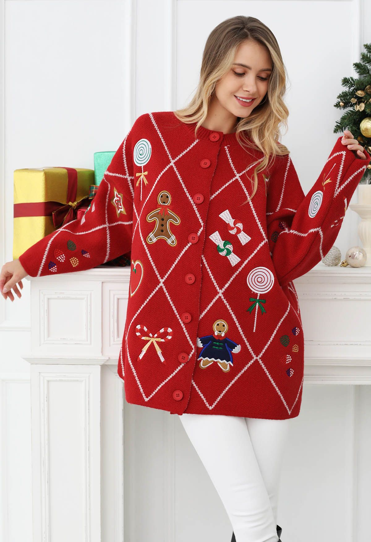 Cheer Christmas Gingerbread Buttoned Knit Cardigan in Red