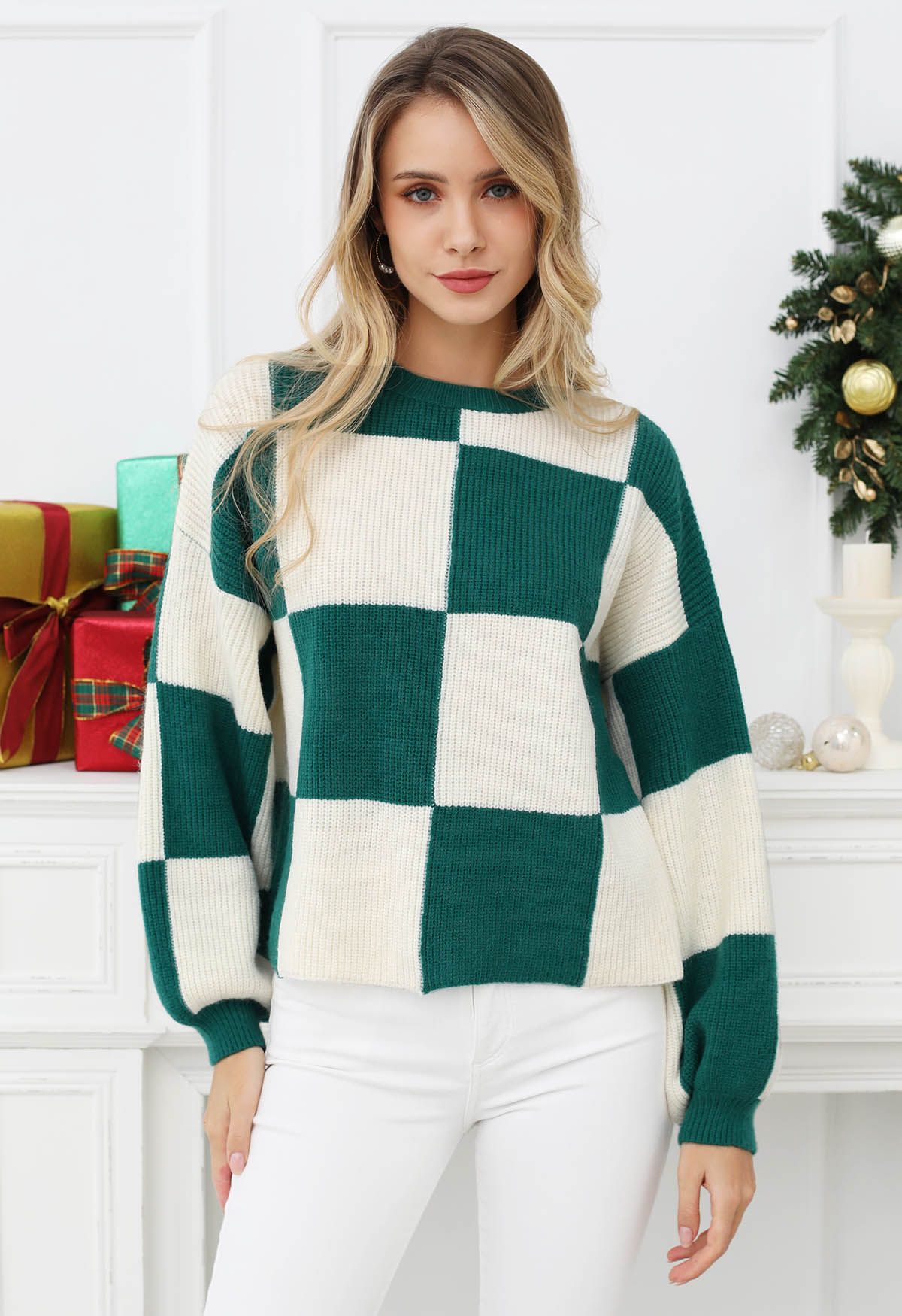 Merry Check Dropped Shoulder Knit Sweater