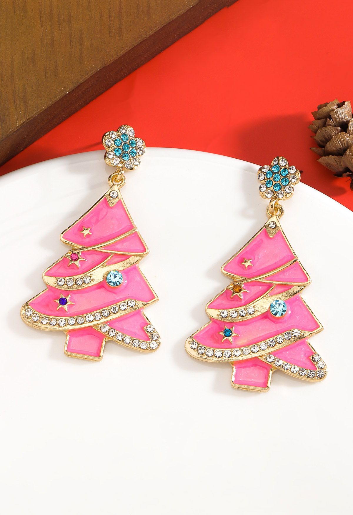 Shiny Pink Christmas Tree Earrings