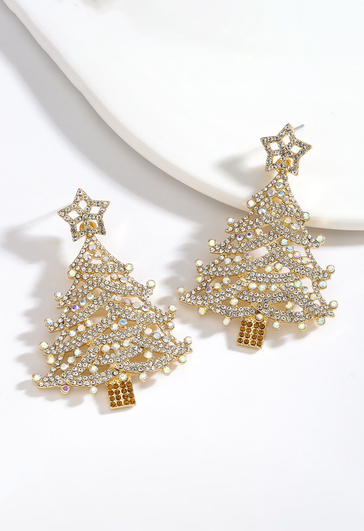 Star-Topped Christmas Tree Earrings in White