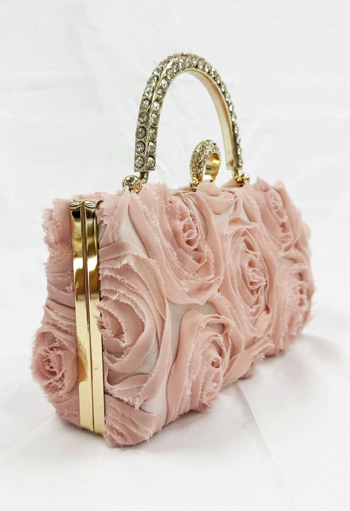 Opulent Rose Rhinestone Handle Clutch in Pink