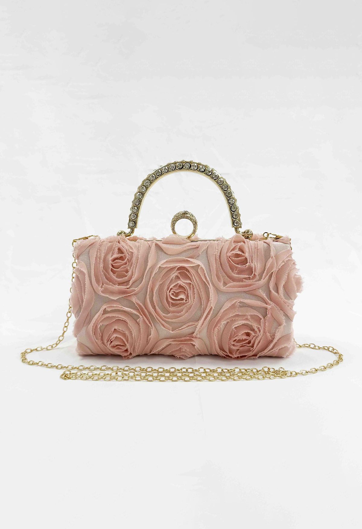 Opulent Rose Rhinestone Handle Clutch in Pink