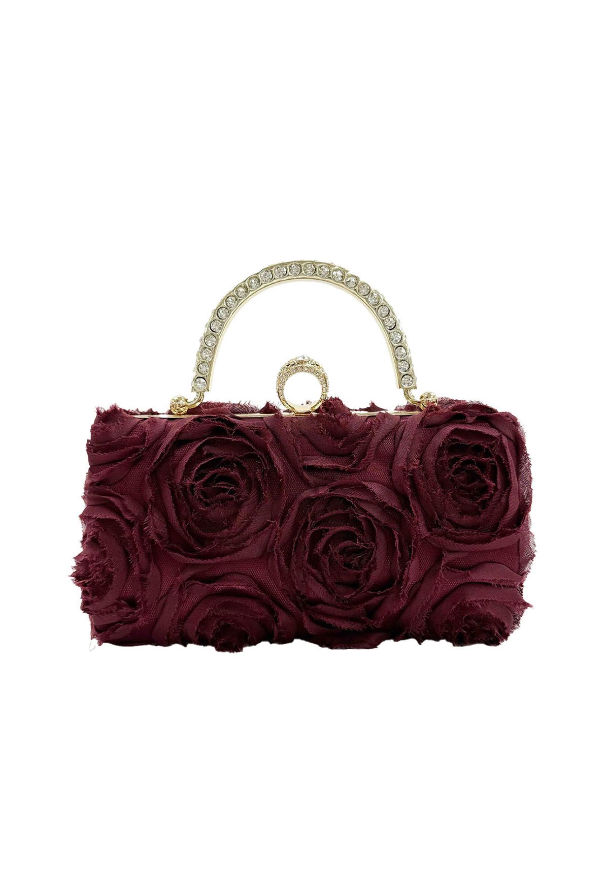 Opulent Rose Rhinestone Handle Clutch in Burgundy