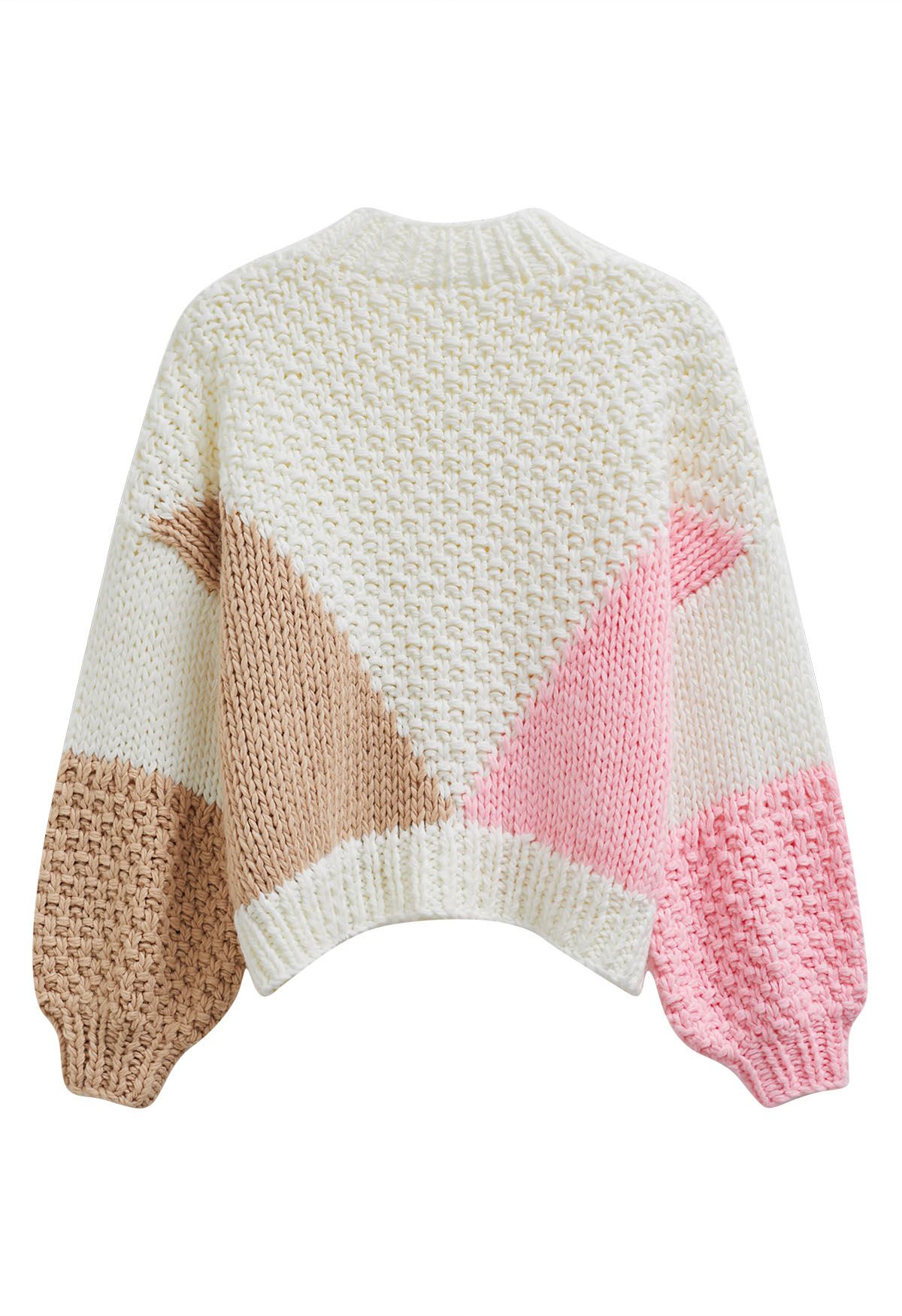 Geometric Color Block Chunky Hand-Knit Sweater