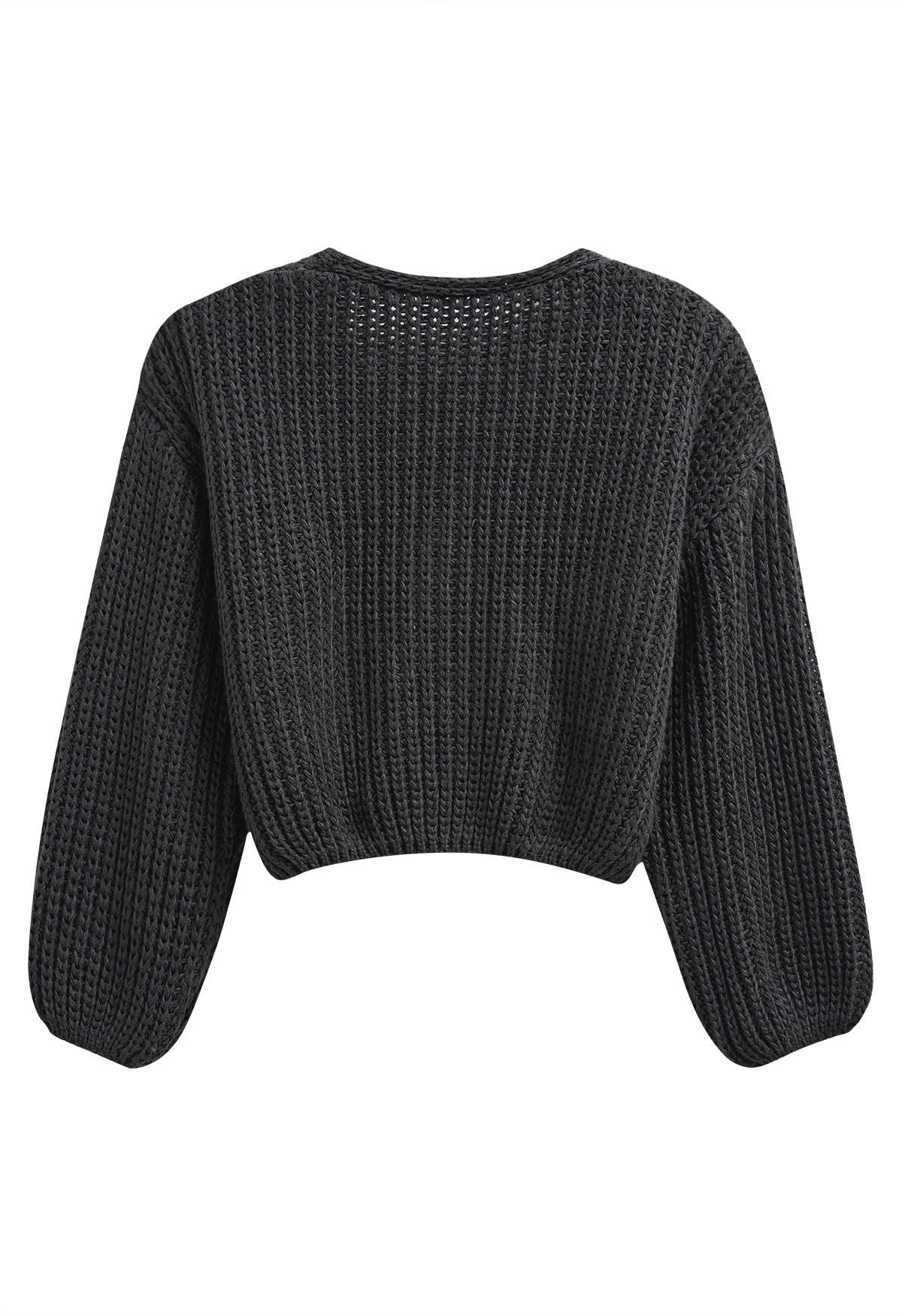 Hand-Knit Drop-Shoulder Buttoned Crop Cardigan in Smoke