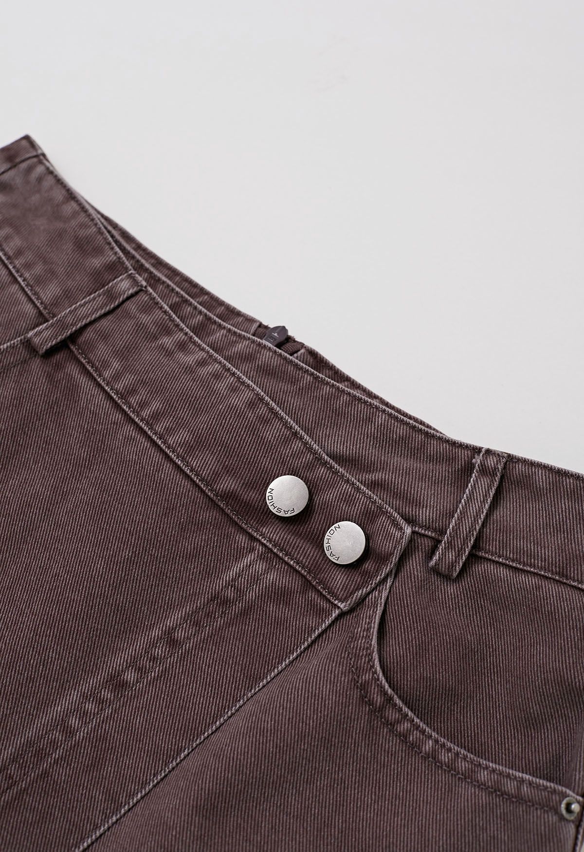 Double-Buttoned Flap Denim Mini Skirt in Plum