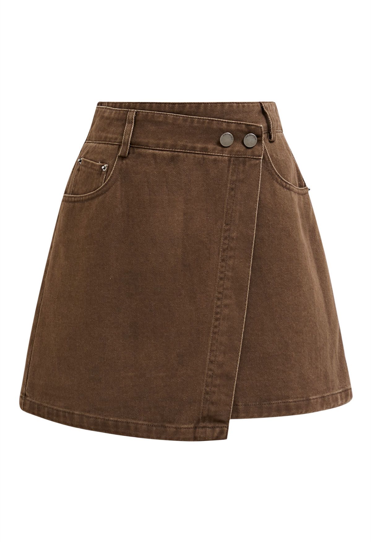 Double-Buttoned Flap Denim Mini Skirt in Brown