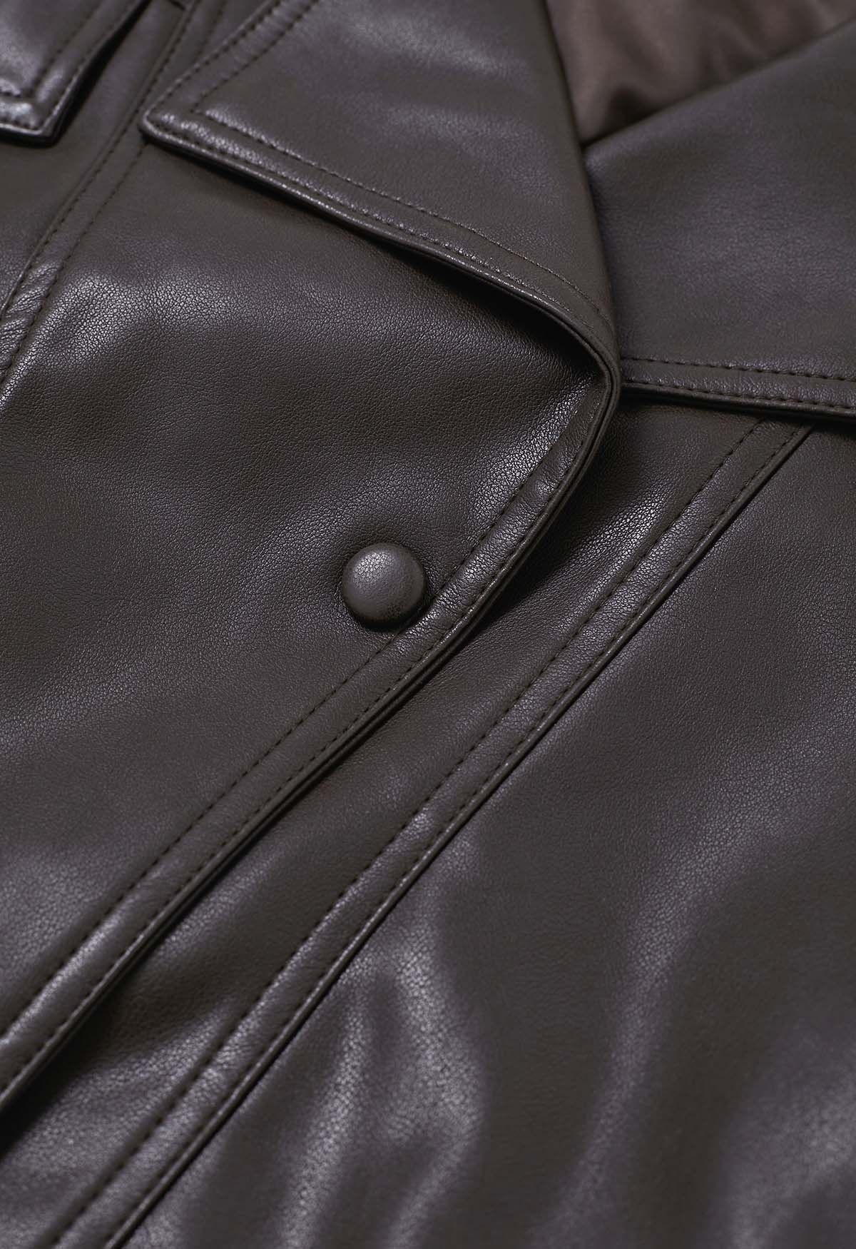 Faux Leather Fake Flap Pocket Stud Button Jacket in Brown